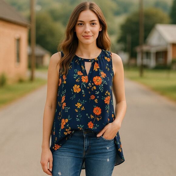 Jodifl Navy Blue Floral Short Sleeveless Tunic Dress Small keyhole Neck Boho - Picture 1 of 10